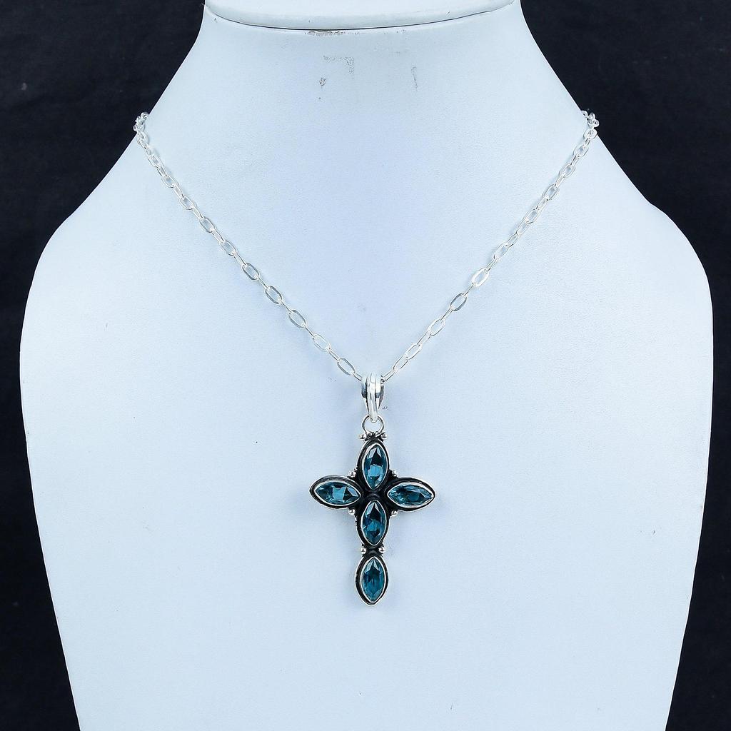 Blue Topaz Gemstone Silver Cross Pendant In 925 Sterling Silver- Handmade Design, Everyday Wear Jewelry, Unique Pendant Party Wear Gift