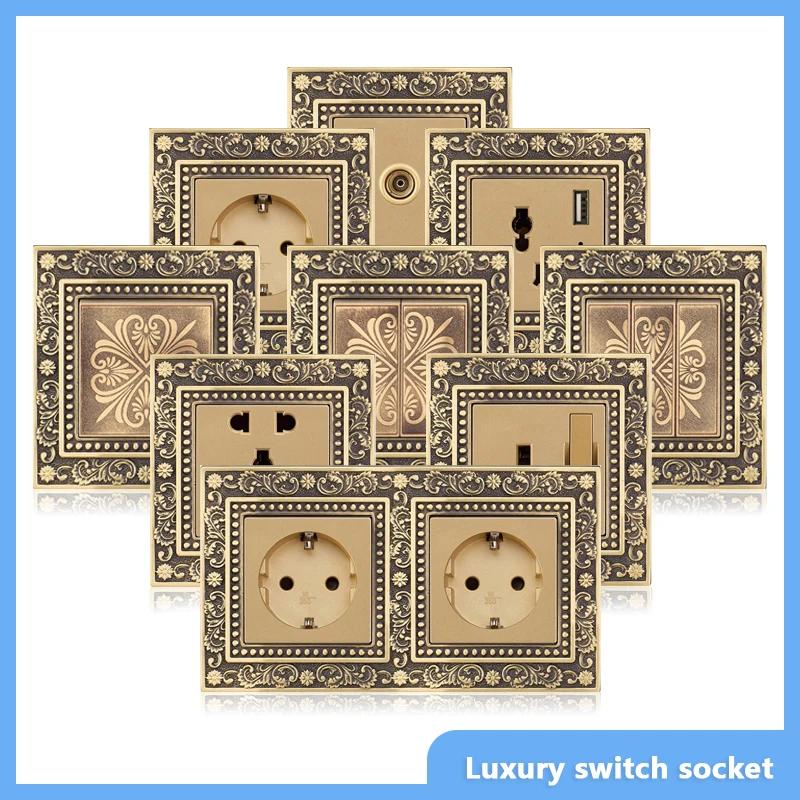 Luxury European Retro Metal Button Switch panel,EU France Standard Copper Wall socket,Universal Light Home Switch Power Outlet