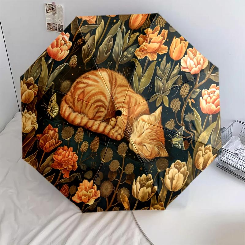 1 шт. Автоматический складной зонт - С рисунком милого спящего кота, Портативная и складная конструкция с 8 спицами, Рождественские и новогодние подарки на день рождения