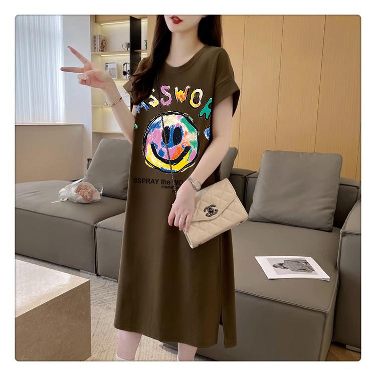 Женское модное свободное корейское платье-футболка, летнее платье Fat Mm с коротким рукавом выше колена, длинное повседневное платье с разрезом