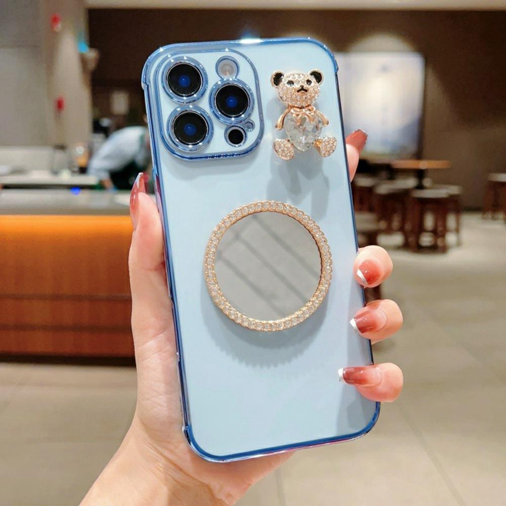 Чехол для iPhone 16 Pro с рисунком сердечек, гальванизированный ТПУ чехол для телефона с маленьким мишкой и зеркалом