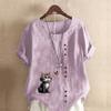 Women's Fashion Cat Prined Short Sleeve T-shirt Loose Cotton Shirt Casual Loose Summer Blouse Tops Plus Size
