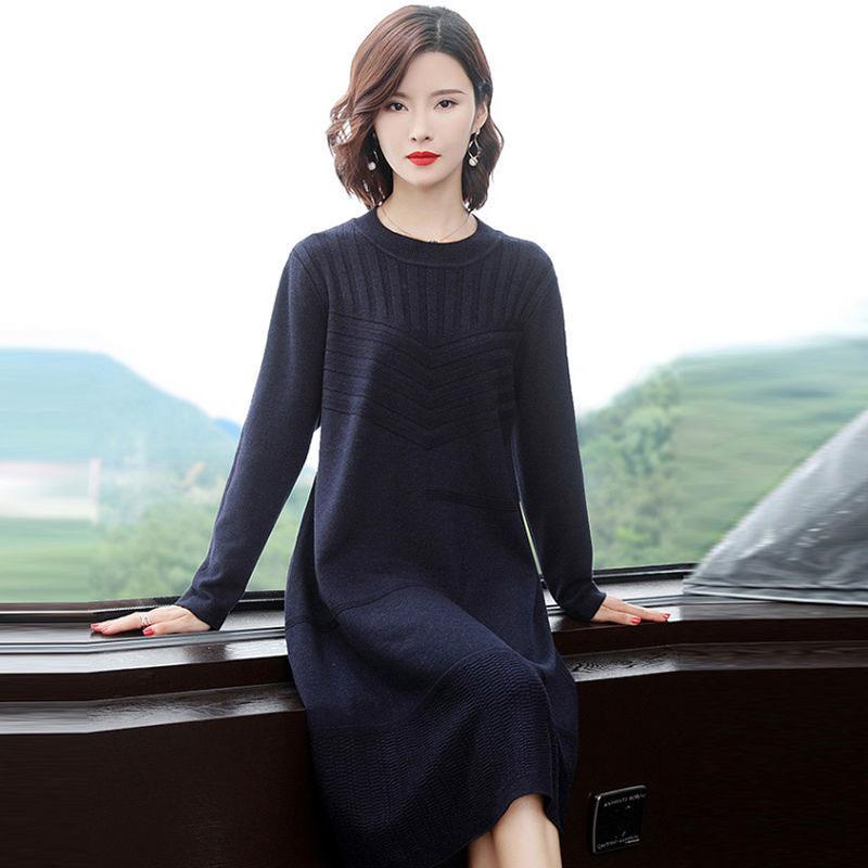 Large Size Knitted Dress In The Long Section Was Thin Temperament Base Dress Pure Color Simple Middle-aged Women Sweater Dress