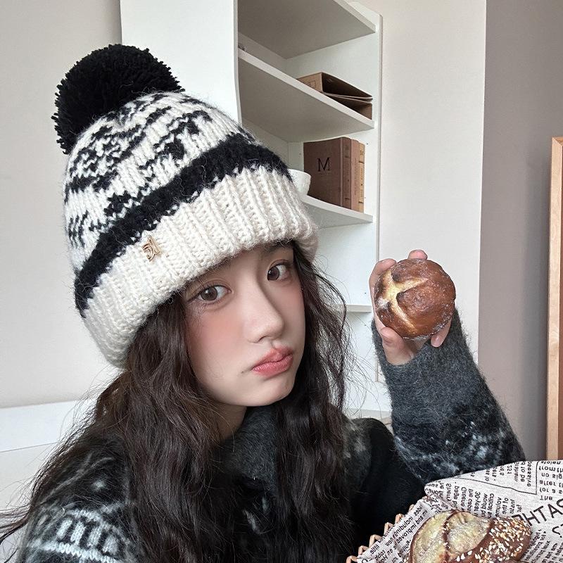 Women's Fair Isle Fur Pom-Pom Wool Hat with Earmuffs - Warm Knitted Winter Hat