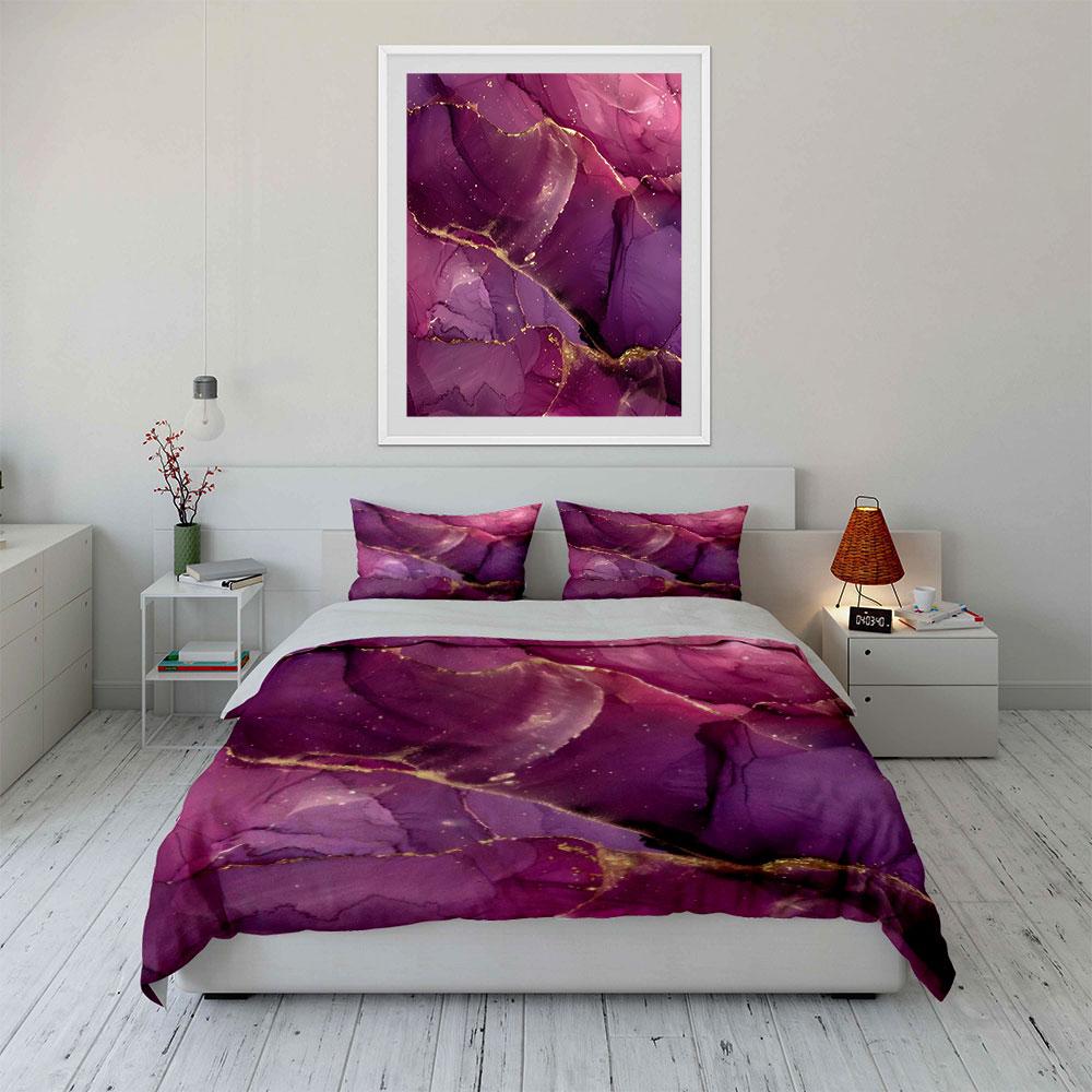 3Pcs Pink and Purple Alcohol Ink Bedding Set, Marble with Gold Foil Print Duvet Cover + 2 Pillowcases, Luxury Glam Decor
