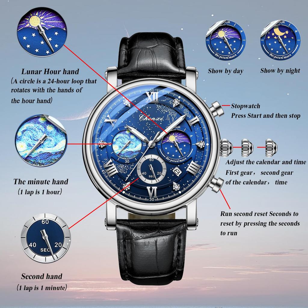 Watch Genuine Leather Strap Van Gogh Starry Analog Calendar Leather Strap Waterproof Quartz Watch Black Fashion Watch Day Birthday Christmas Day Gift