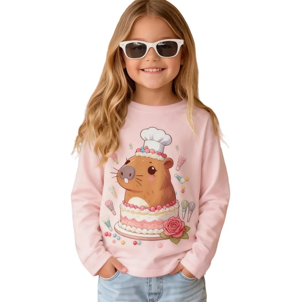 Spring and Autumn Round Neck Cartoon Capybara Pattern 3D Printed Top Fashionable Casual Long Sleeved Children's Girl T-shirts