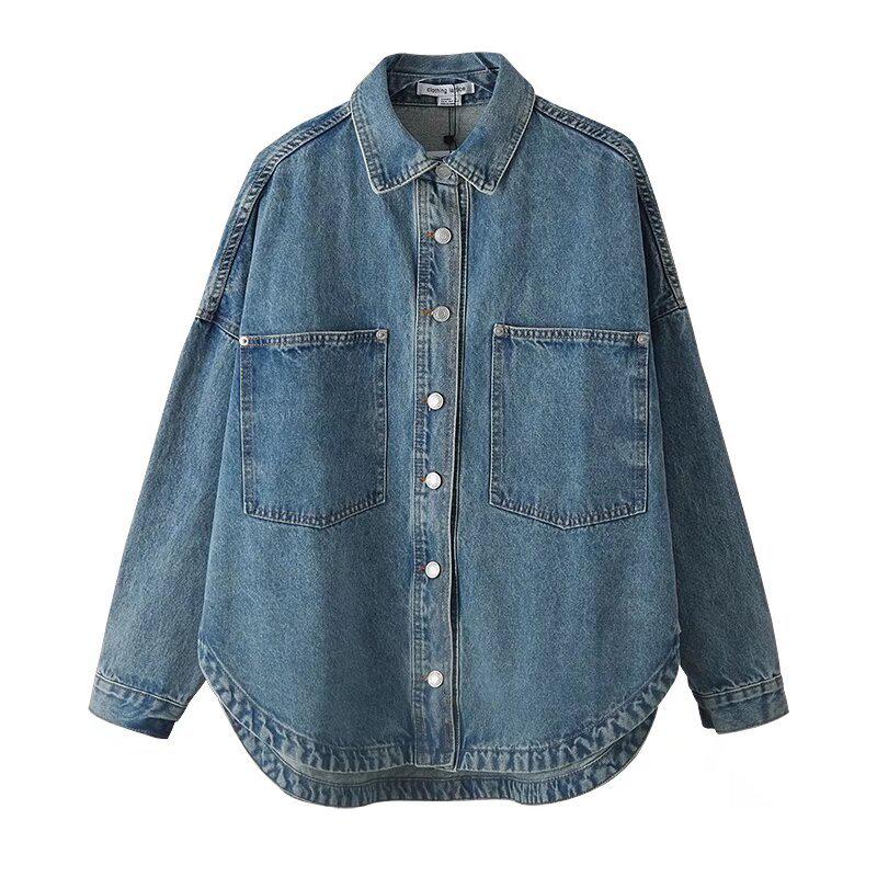 Women's European/American Style Washed Denim Shirt Jacket with Big Pockets