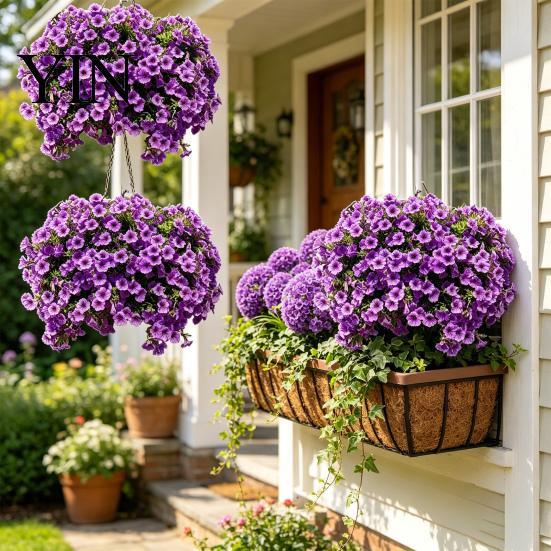Garden Artificial Flowers UV Resistant Petunias Flowers, Outdoor Fake for Patio Porch Hanging Baskets, Realistic Plants Decor Indoor