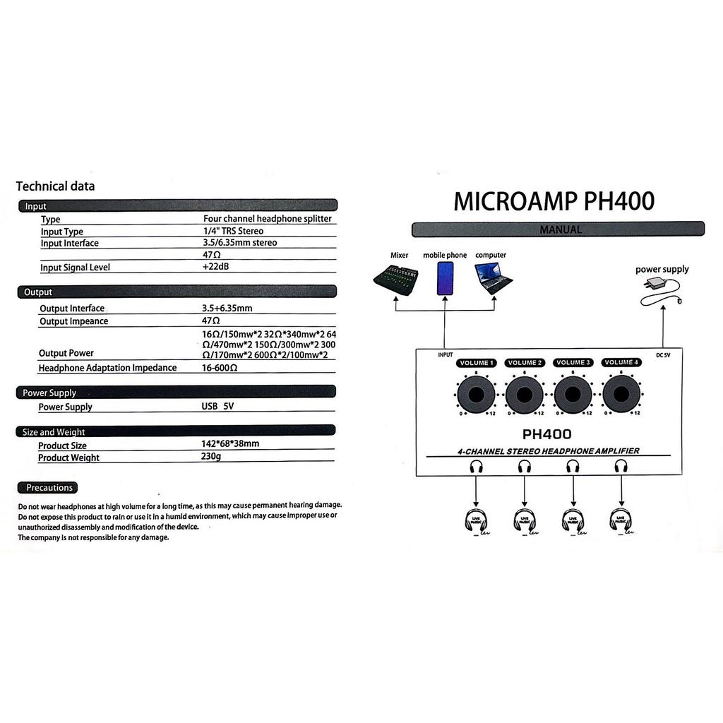 Усилитель для наушников, 4 канала, металлический стерео аудио усилитель, разветвитель для наушников, независимый регулятор громкости, светодиодный индикатор