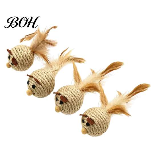 Natural Teething Toy for Kittens Sisal Mouse Cat Toys, Feather Mice Kitten Chew Dental Toys Rope Rat Teeth Cleaning, Indoor Cats Self Entertainment