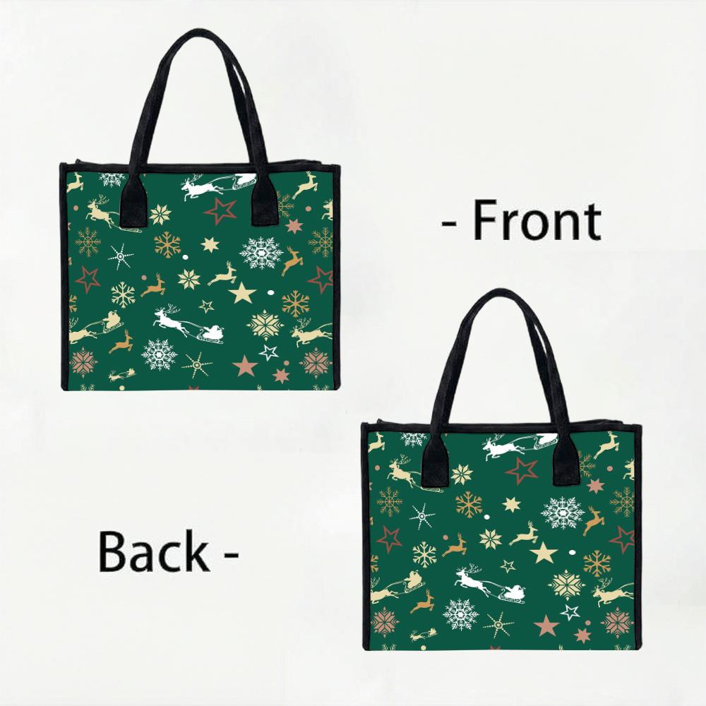 Christmas Pattern Tote Bag Holiday Reindeer Snowflake Portable Handbag Fashion Daily Use Grocery Carry Bag Winter Themed Casual Shopping Bag