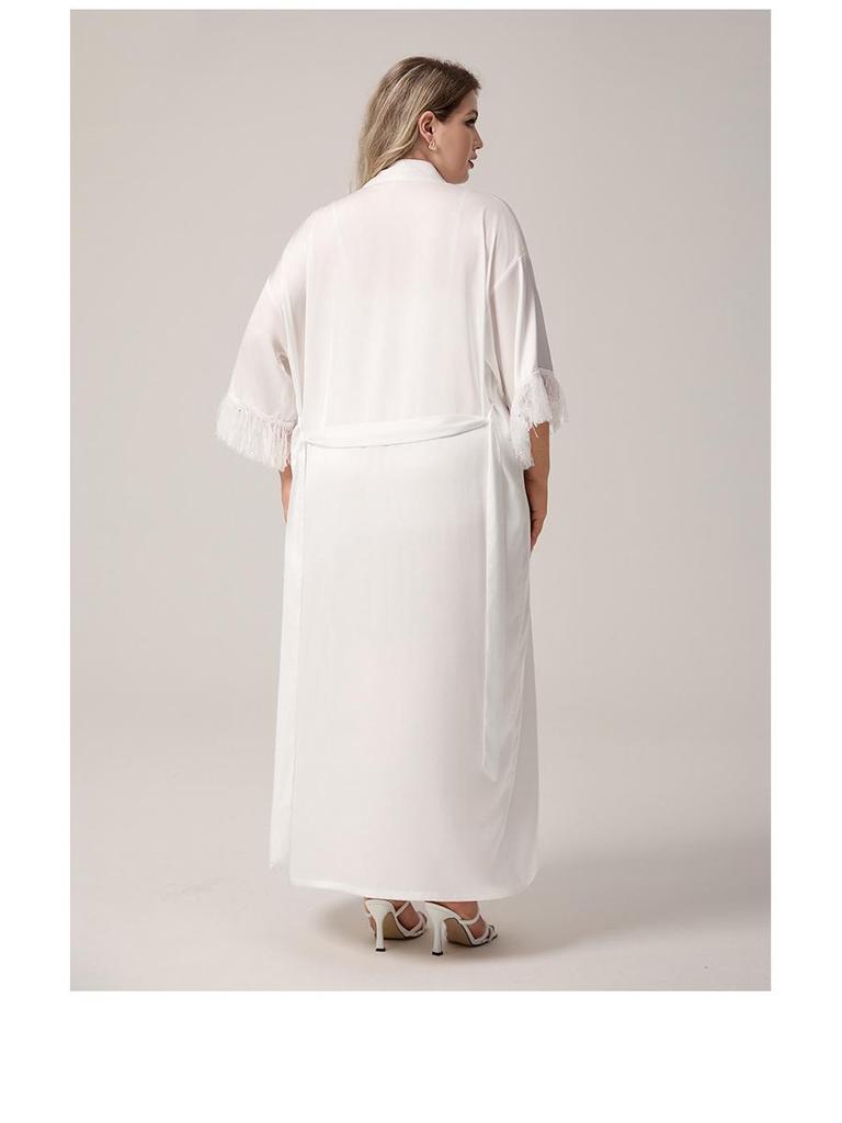 Yaoting Plus Size Satin Chiffon Feather Long Robe Pajamas WP5013