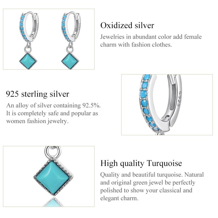 Серьги женские из стерлингового серебра S925, ромбовидные, с бирюзой