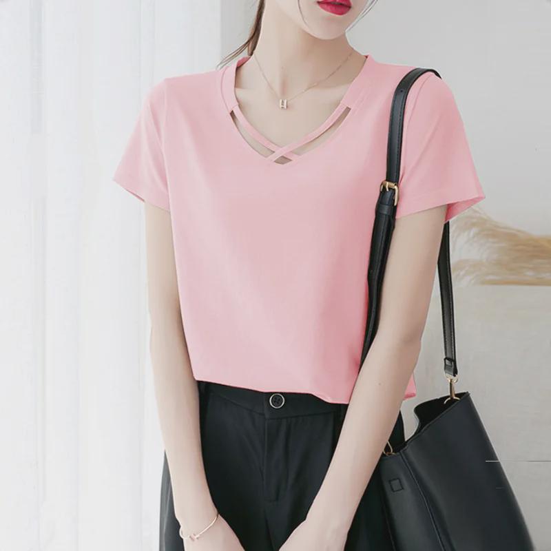 Женский летний топ 2024 года с V-образным вырезом, короткими рукавами, в корейском стиле, с перекрестным вырезом, однотонный