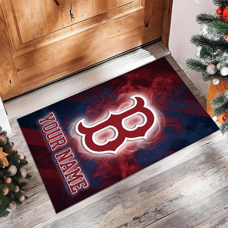 Boston Red Sox Crystal Velvet Rug, Custom Name Text Personalized Non‑Slip Floor Mat for Home Decor Gift