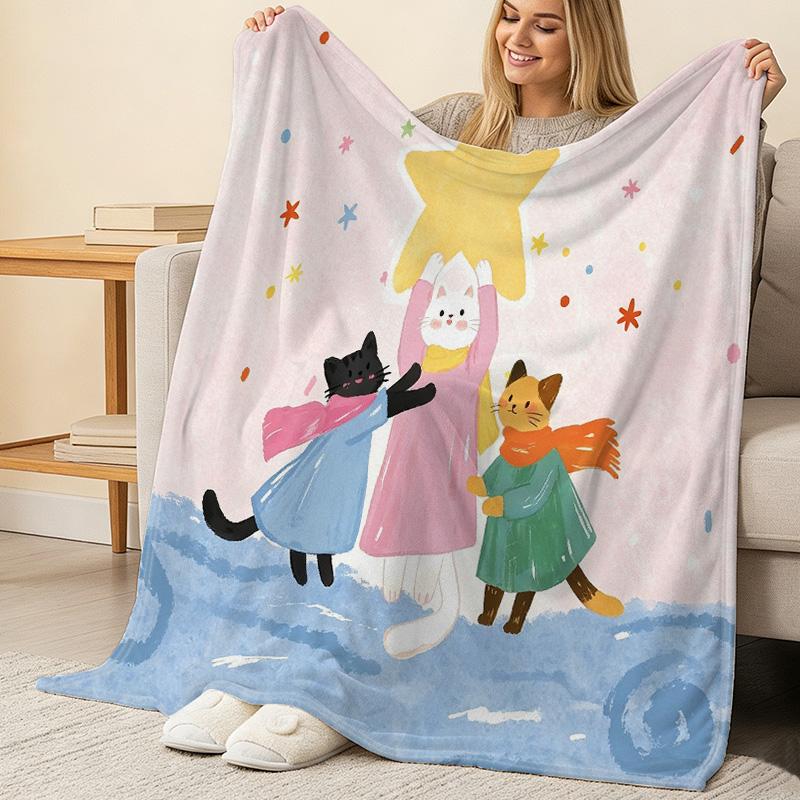 Cute Cat Plush Flannel Throw Blanket Soft, Machine Washable for Home, Couch, Office Naps, Christmas & Halloween