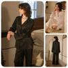 Simple herringbone pattern satin pajamas set lapel long-sleeved drape wide-leg pants black and white two-color loungewear 1111