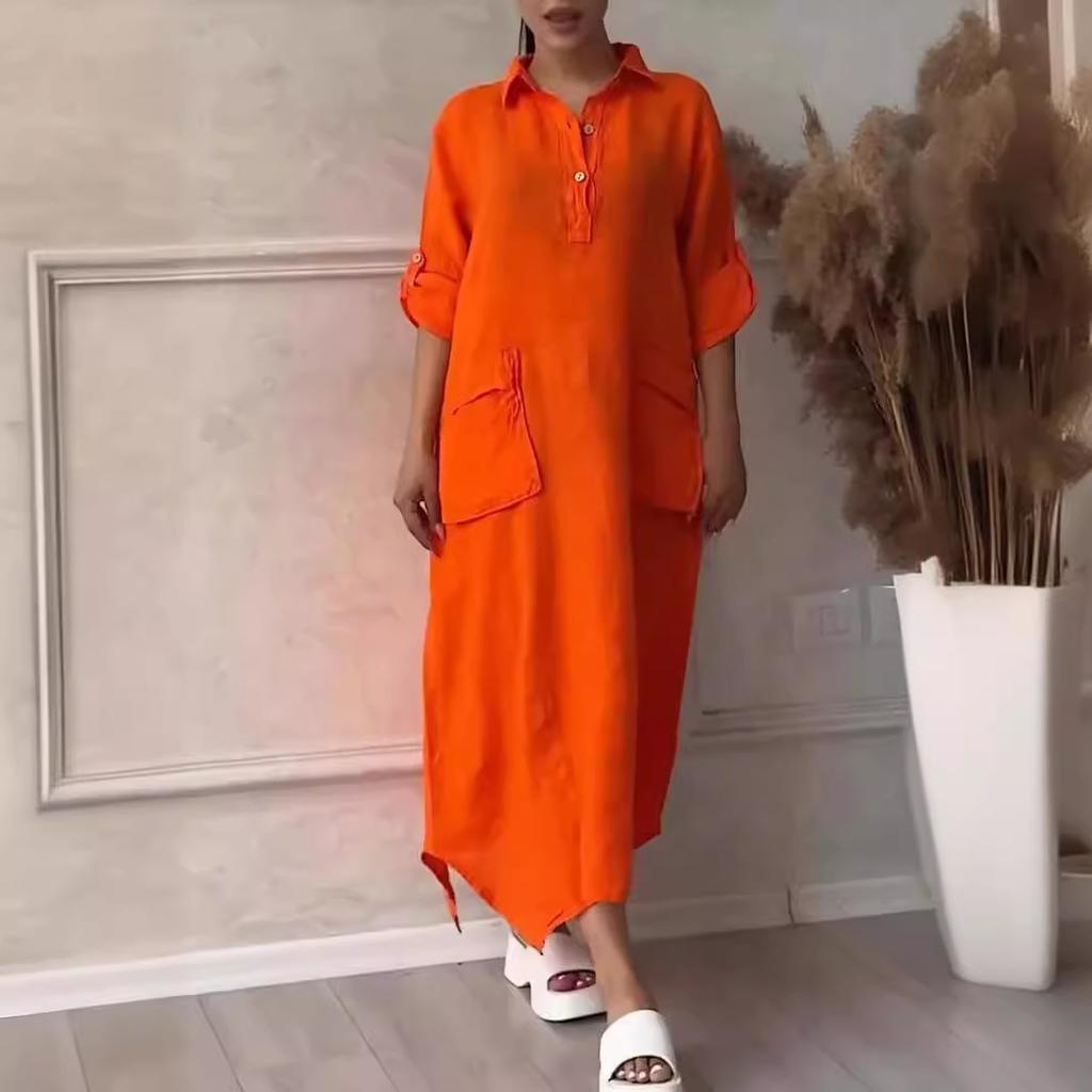 Весенне-осеннее женское платье больших размеров, однотонное, повседневное, длинные платья с карманами и лацканами