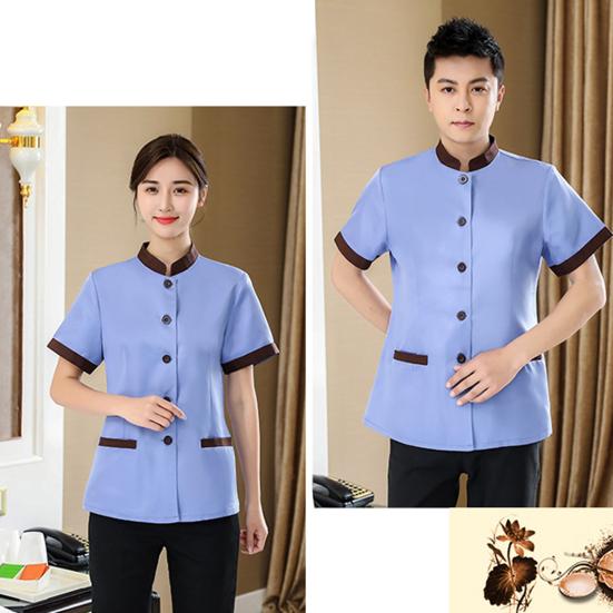 Hotel Housekeeping Uniform Women Slim Fit Top Stand Collar Short Sleeve Single Breasted Pockets Work Uniform Tops
