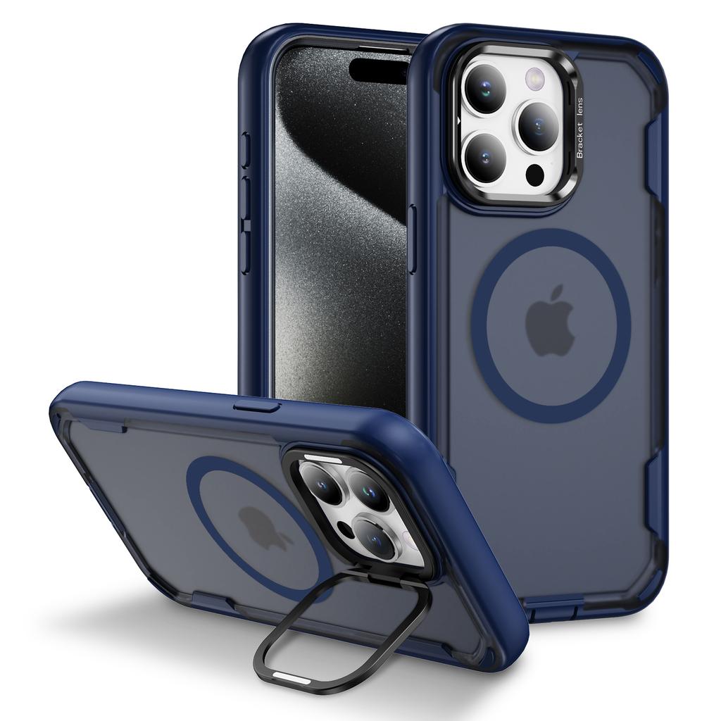 For iPhone 15 Pro Max Case Compatible with MagSafe Lens Frame Kickstand TPU+PC Shockproof Phone Cover