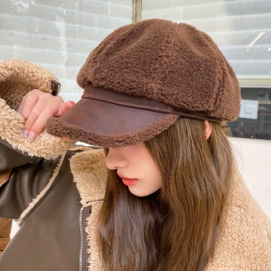 Winter Octagonal Cap Thick Plush Short Brim Contrast Color Keep Warm Peaked Cap Literary Retro Style Headwear for Work Travel Daily Wear