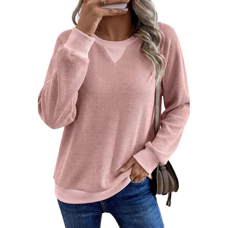 2026 Fall Womens Casual Pullover Color Block Waffle Knit Long Sleeve T-Shirt
