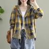 Hooded Plaid Cotton and Linen Shirt Large Size Literary and Retro Casual Cardigan Top