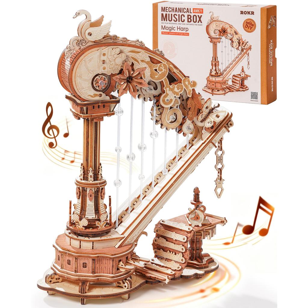 ROKR Magic Harp Music Box Wooden 3D Puzzle 350-Piece DIY Mechanical Model Building Kit for Home Desk Bookshelf Decor Gift for Adults Kids
