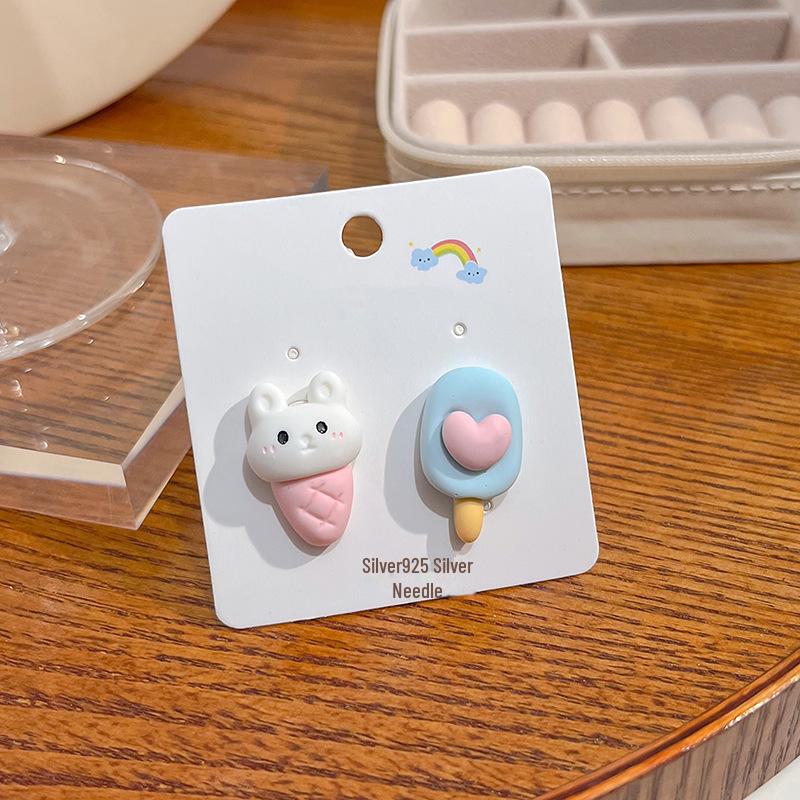 Японские серьги в виде кролика, медведя и клубники в пастельных тонах с серебряными штифтами
