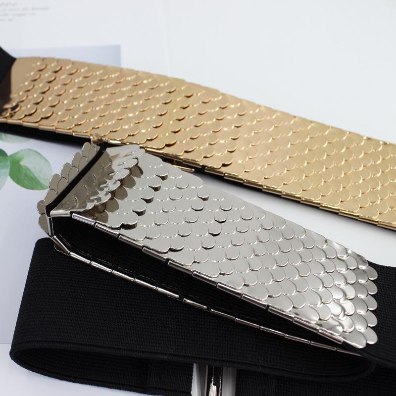 Women's Fashion Metal Elastic Belt with Fish Scale Pattern - Versatile Wide Elastic Waistband for Dresses