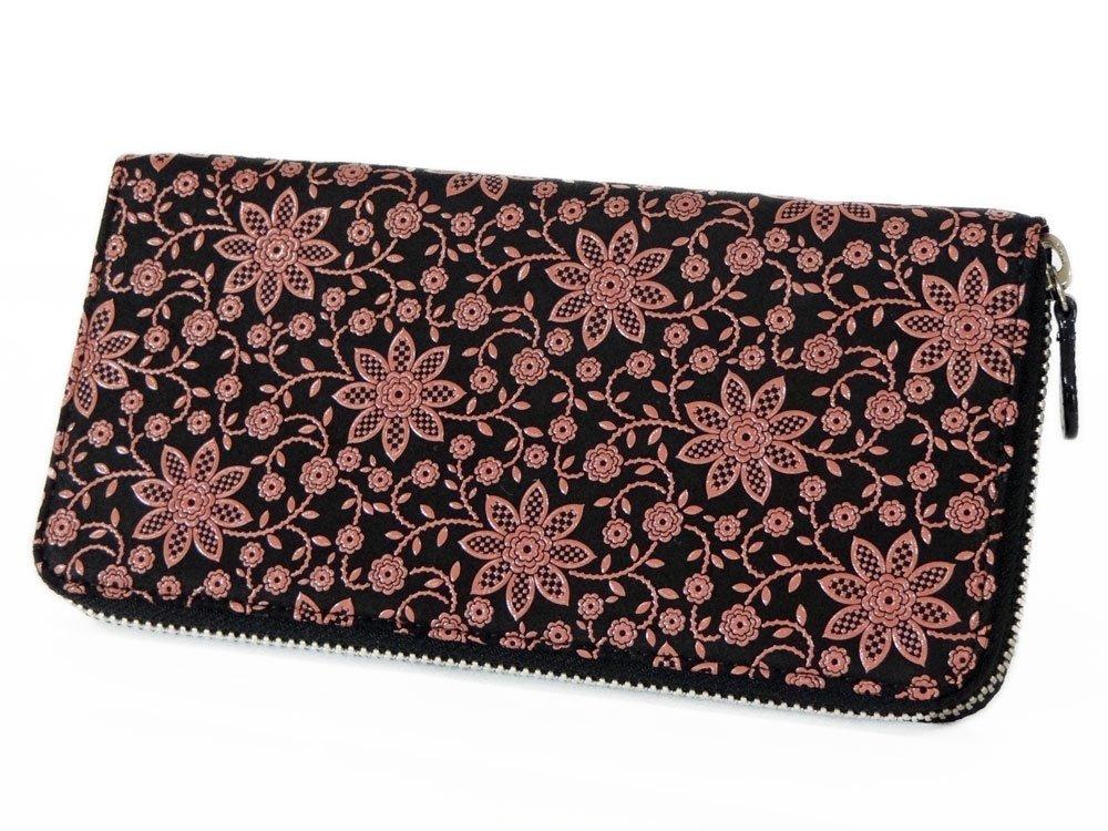 Inden 2317 Bundle F Black Deerskin X Pink Lacquer Clematis Pattern 10cm X 19cm X 2cm Round Zipper Long Wallet [Indenya]