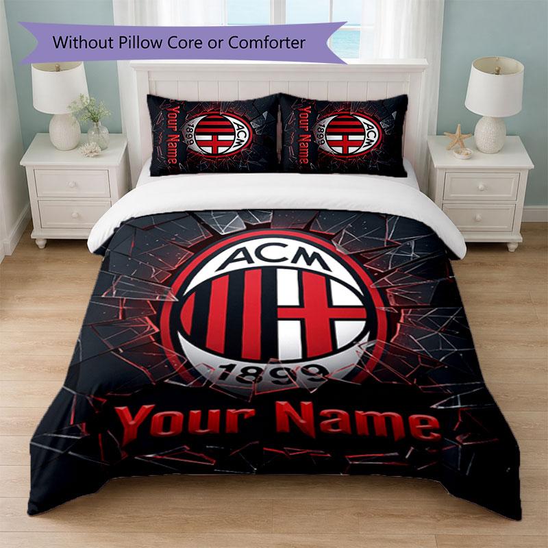 AC Milan Custom Name Text Bedding Set 1 Duvet Cover+2 Pillowcases Soccer Logo Personalized Gift For Special Occasion Bedroom Decor