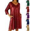 Женское модное платье свободного кроя с V-образным вырезом и рукавами три четверти, с боковыми разрезами по подолу.