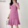 Women Short Sleeve Elegant Texture Office Pleated Dress