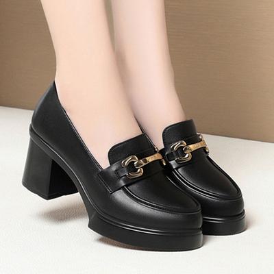 Модные туфли на высоком каблуке, рабочие туфли, черные туфли-лоферы с металлической пряжкой, подиумные женские кожаные туфли, одинарные туфли, танцевальные туфли, элегантная мода