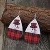 European & American Christmas Red Plaid Snowman Teardrop PU Leather Earrings