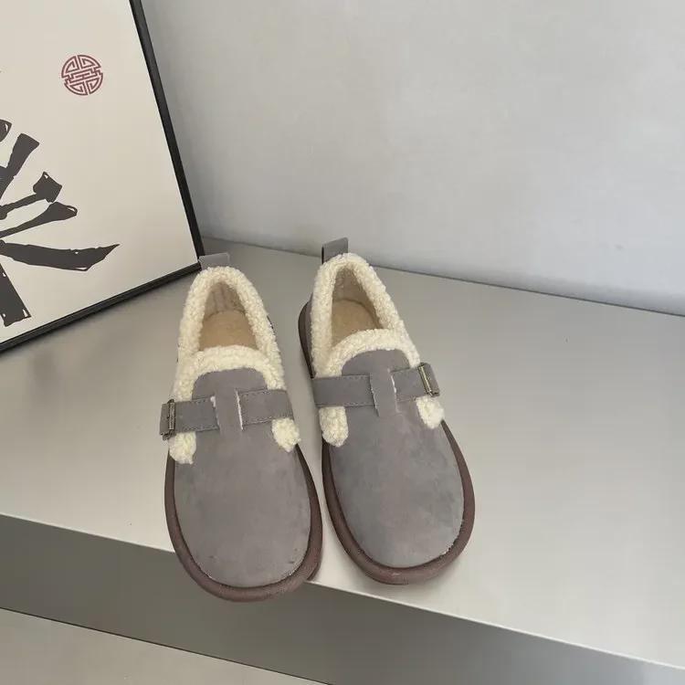 Женские туфли на плоской подошве из хлопковой замши с пряжкой в корейском стиле 2024 года — теплая обувь на меху на осень/зиму