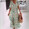 Платья летние женские принтованные короткие рукава V-образный вырез длинные платья