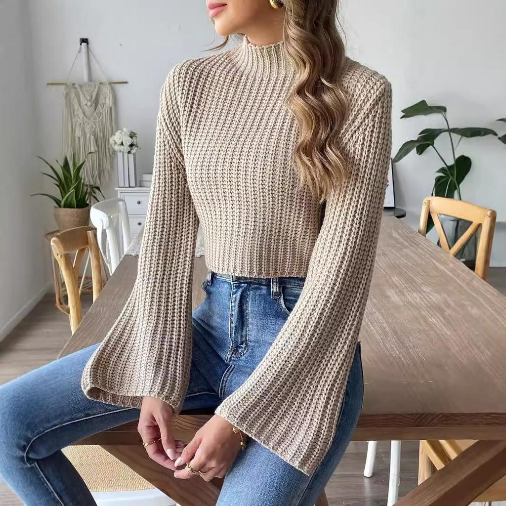 Ladies, Short Crop Top, Woven Sweater, Autumn and Winter New Style, Flared Sleeves, Semi High Neck, Pullover Sweater