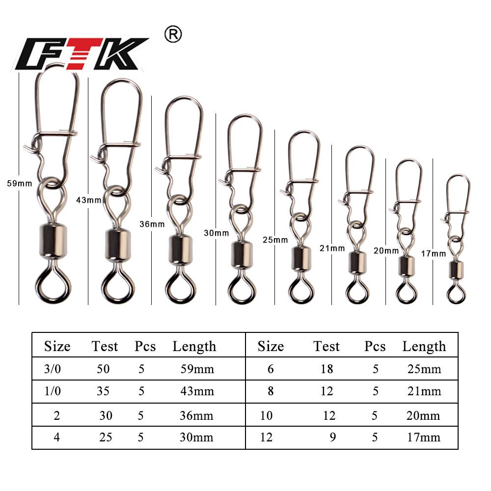 FTK 10PCS Pike Fishing Accessories Connector Pin Bearing Rolling Swivel Stainless Steel Snap Fishhook Lure Swivels Tackle