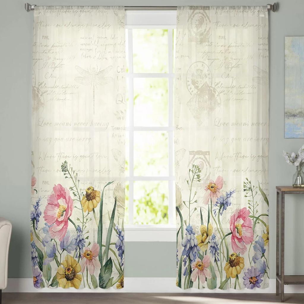 Spring Flowers Plants Wildflowers Sheer Voile Window Curtains Tulle Curtains Living Room Balcony Decoration Drapes