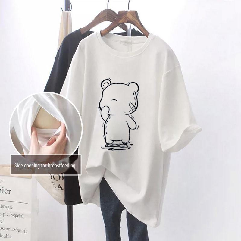 Модная летняя футболка для кормящих мам: Средняя длина, короткие рукава, боковые разрезы, универсально для стиля Hot Mom