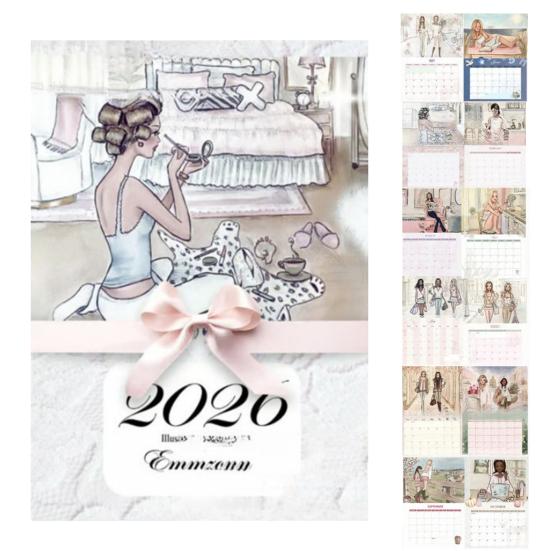 Модный женский акварельный календарь 2026 Элегантная иллюстрация Ежемесячный календарь Шикарный женский художественный планер для декора дома и офиса