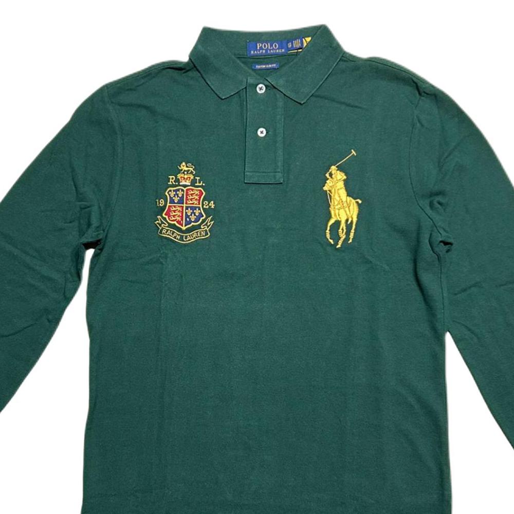 Polo Ralph Lauren Ss24 Значок Gold Label Вышитое лого Big Pony Рубашка поло с длинным рукавом Мужские топы Темно-зеленый 710779249-001