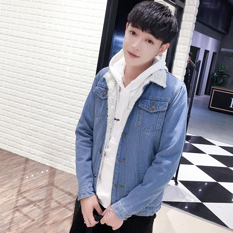 Мужская зимняя облегающая джинсовая куртка из бархата с имитацией овечьей шерсти