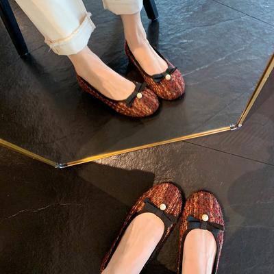 666-15 Темперамент Маленькая круглая голова неглубокий вырез бант плоская подошва одна педаль маленький ароматный ветер одинарная обувь женская