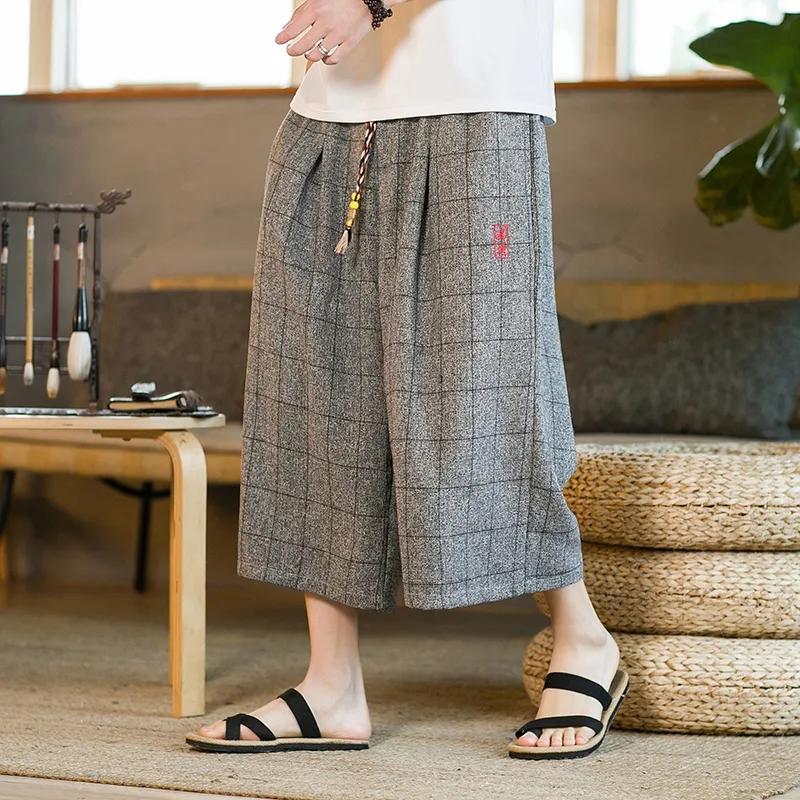 Японское кимоно, традиционные шорты, мужская азиатская одежда, банные брюки, повседневные свободные японские льняные широкие брюки юката