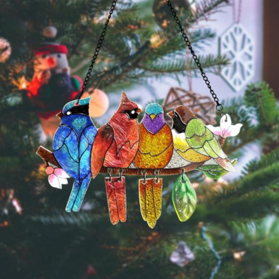 Birds On A Branch Suncatcher Stained Glass Acrylic Window Hanging Decoration with 4 Birds for Garden Home Decor Bird Lover Gift for Mom Grandma