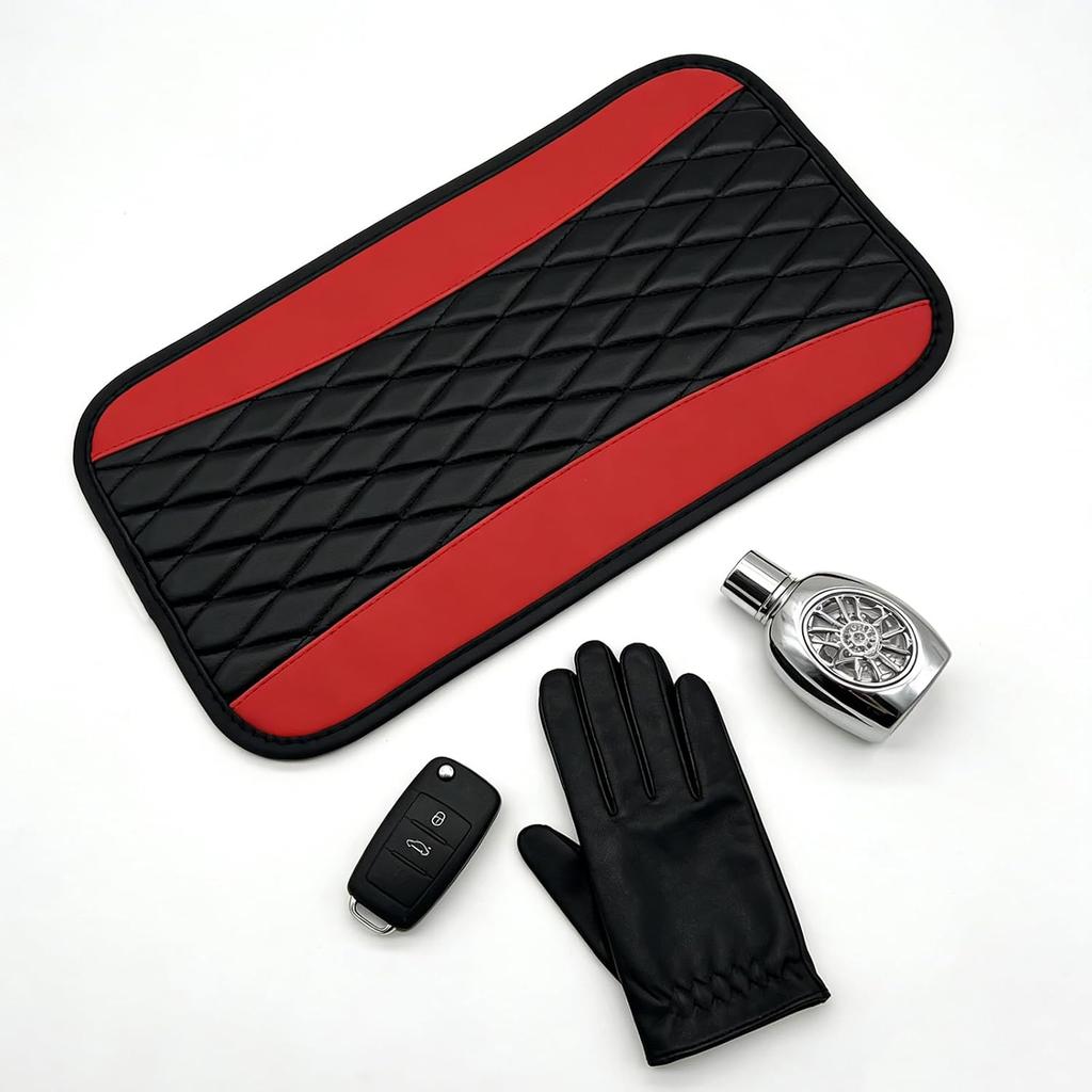 Red Car Center Console Armrest Cushion Pad, Universal Waterproof Leather Seat Box Cover Protector Compatible with Most Cars, SUVs, and Vehicles